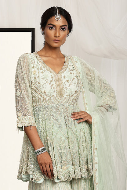 Intricate Pearl Embroidered Kurta, Sharara and Dupatta Set