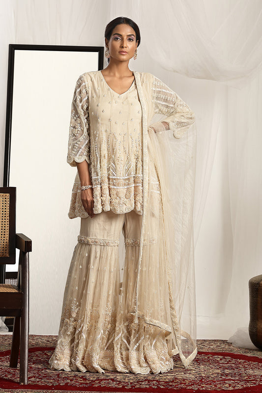 Intricate Pearl Embroidered Kurta, Garara and Dupatta Set
