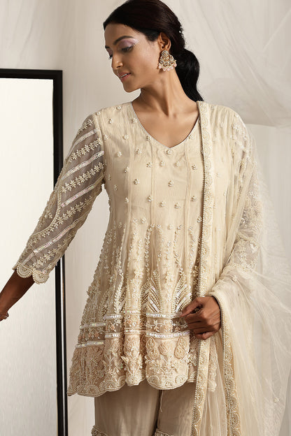 Intricate Pearl Embroidered Kurta, Garara and Dupatta Set