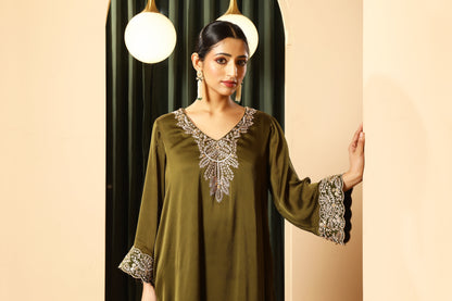 Asymmetrical Short Kurta Set – Olive