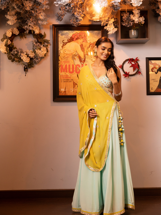 Turquoise Embroidered Stylised Dupatta Sharara Set
