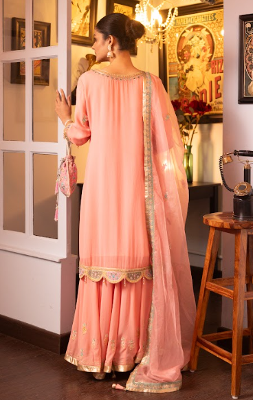 Pink Embroidered Silk Georgette Kurta Sharara Set