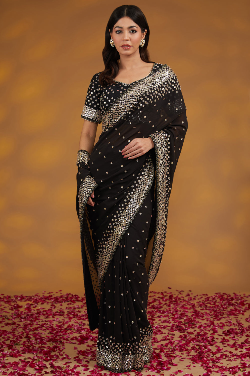Black Georgette Hand Saree Set Set
